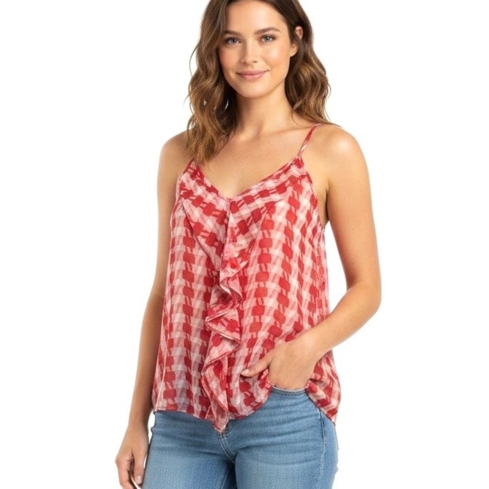 Cabi Top #341Red  White Geometric Ruffle Front‎ Camisole  XS Adjustable Straps
